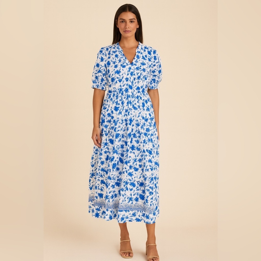 Margarita Mercantile hand made blue and white floral maxi/midi dress. Large